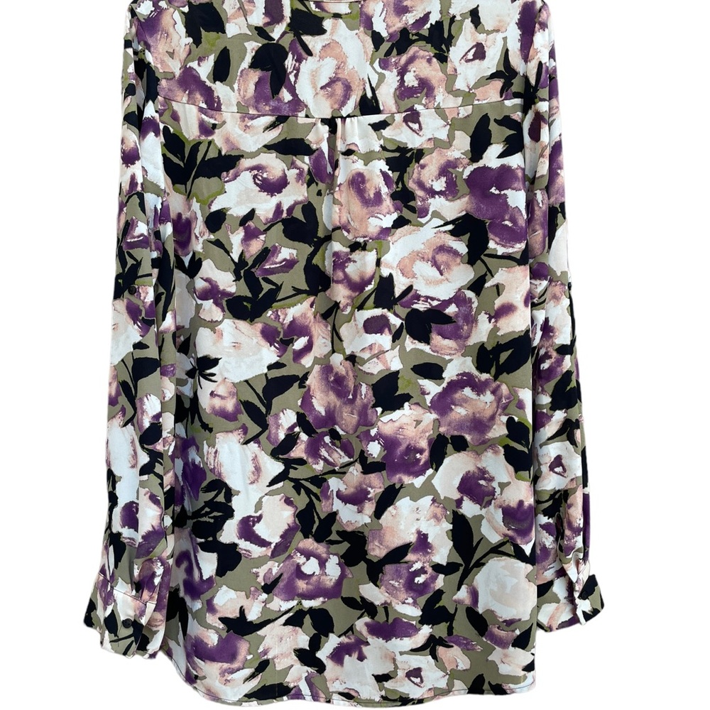 Simply Vera Vera Wang Long Sleeve V Neck 4 Button Popover Floral Blouse Large - Picture 5 of 14